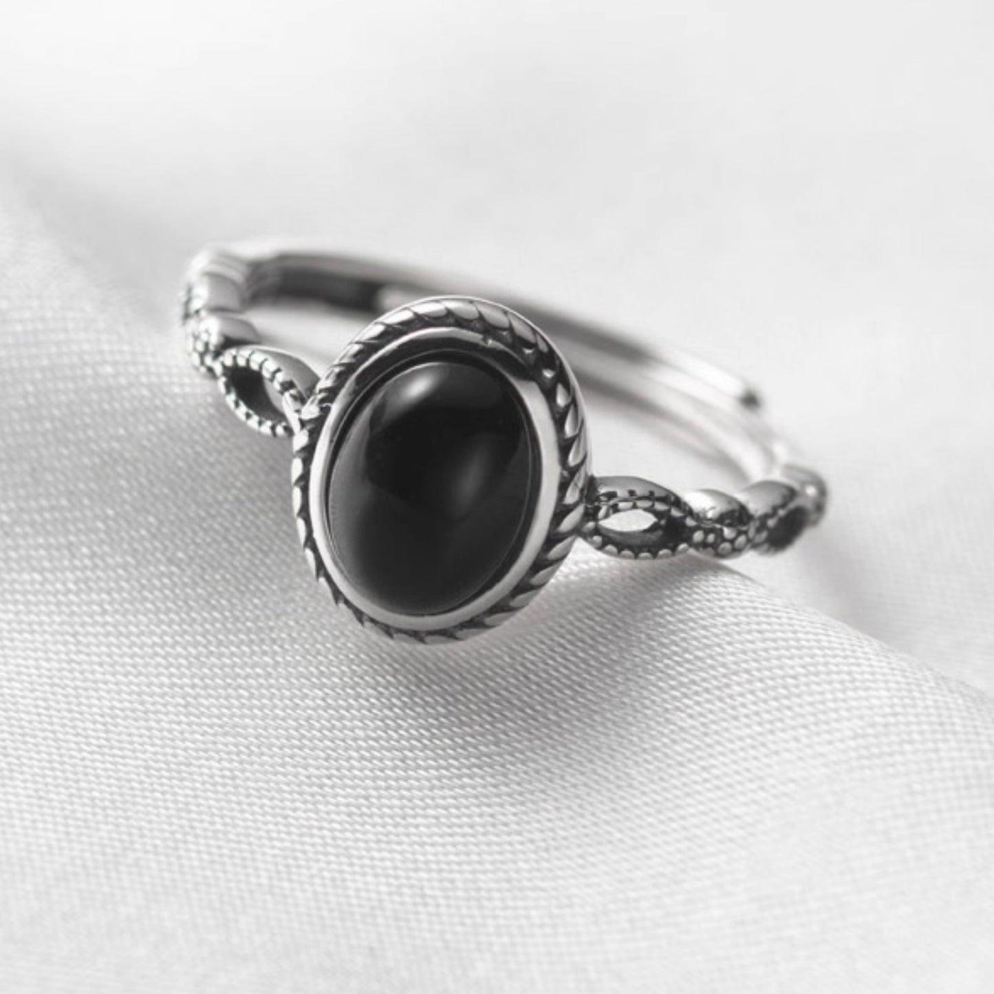 Vintage Bohemian Black Onyx Adjustable Ring - Handcrafted 925 Sterling Silver Oval Gemstone Band for Timeless Elegance