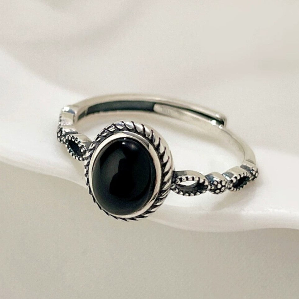 Vintage Bohemian Black Onyx Adjustable Ring - Handcrafted 925 Sterling Silver Oval Gemstone Band for Timeless Elegance