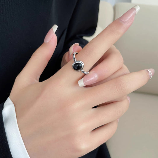 Vintage Bohemian Black Onyx Adjustable Ring - Handcrafted 925 Sterling Silver Oval Gemstone Band for Timeless Elegance