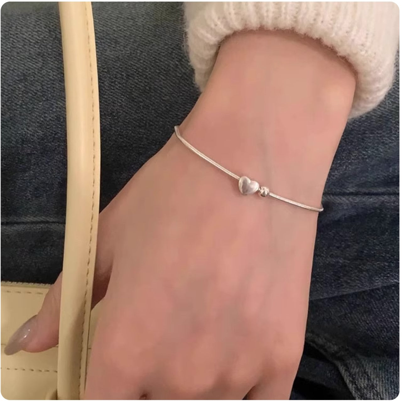 Charming 925 Sterling Silver Heart & Bead Bracelet for Women