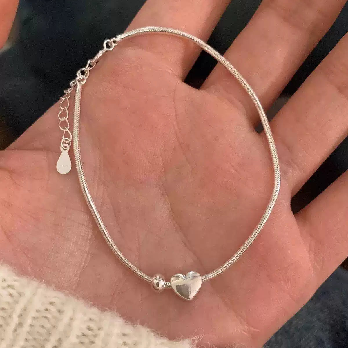 Charming 925 Sterling Silver Heart & Bead Bracelet for Women