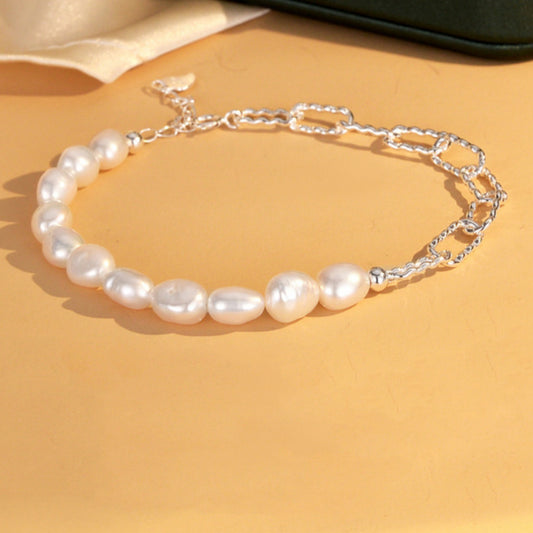Elegant 925 Sterling Silver & Baroque Cultured Freshwater Pearls Bracelet