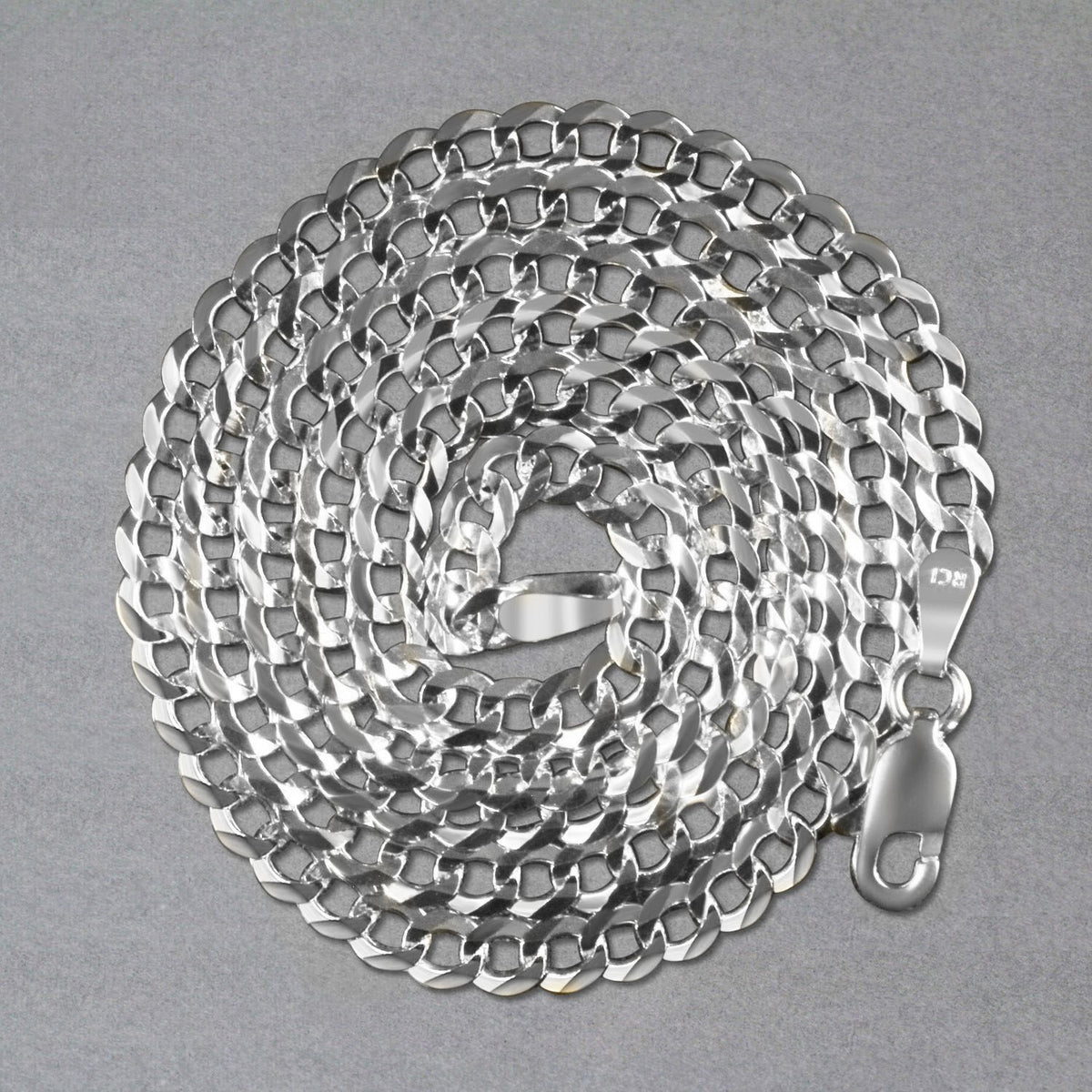 Rhodium Plated 3.7mm Sterling Silver Curb Style Chain (3.70 mm)