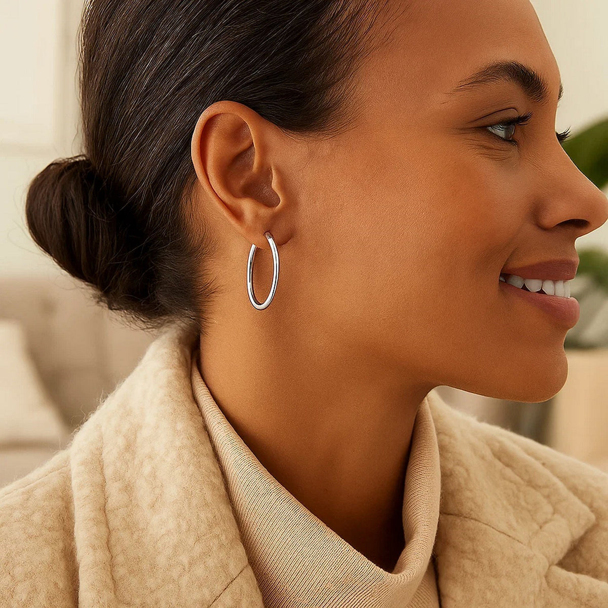 1 Sterling Silver Rhodium Plated Thin and Polished Hoop Motif Earrings (2x25mm)