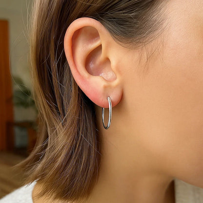 1 Sterling Silver Rhodium Plated Thin and Polished Hoop Motif Earrings (2x25mm)