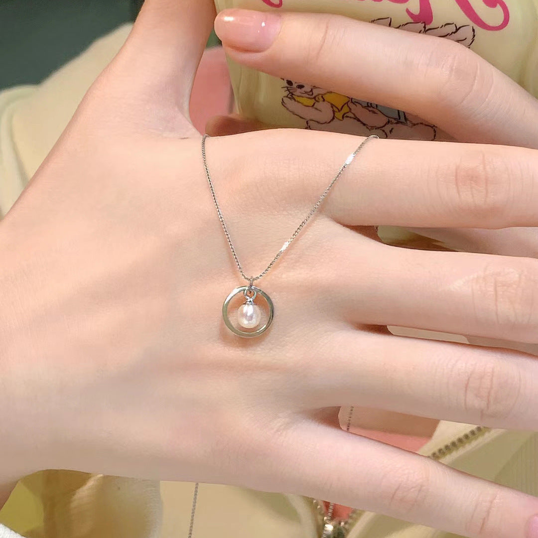 Elegant 925 Silver Pearl Hoop Necklace - Timeless minimalist round cultured freshwater pearl Pendant for Everyday Grace