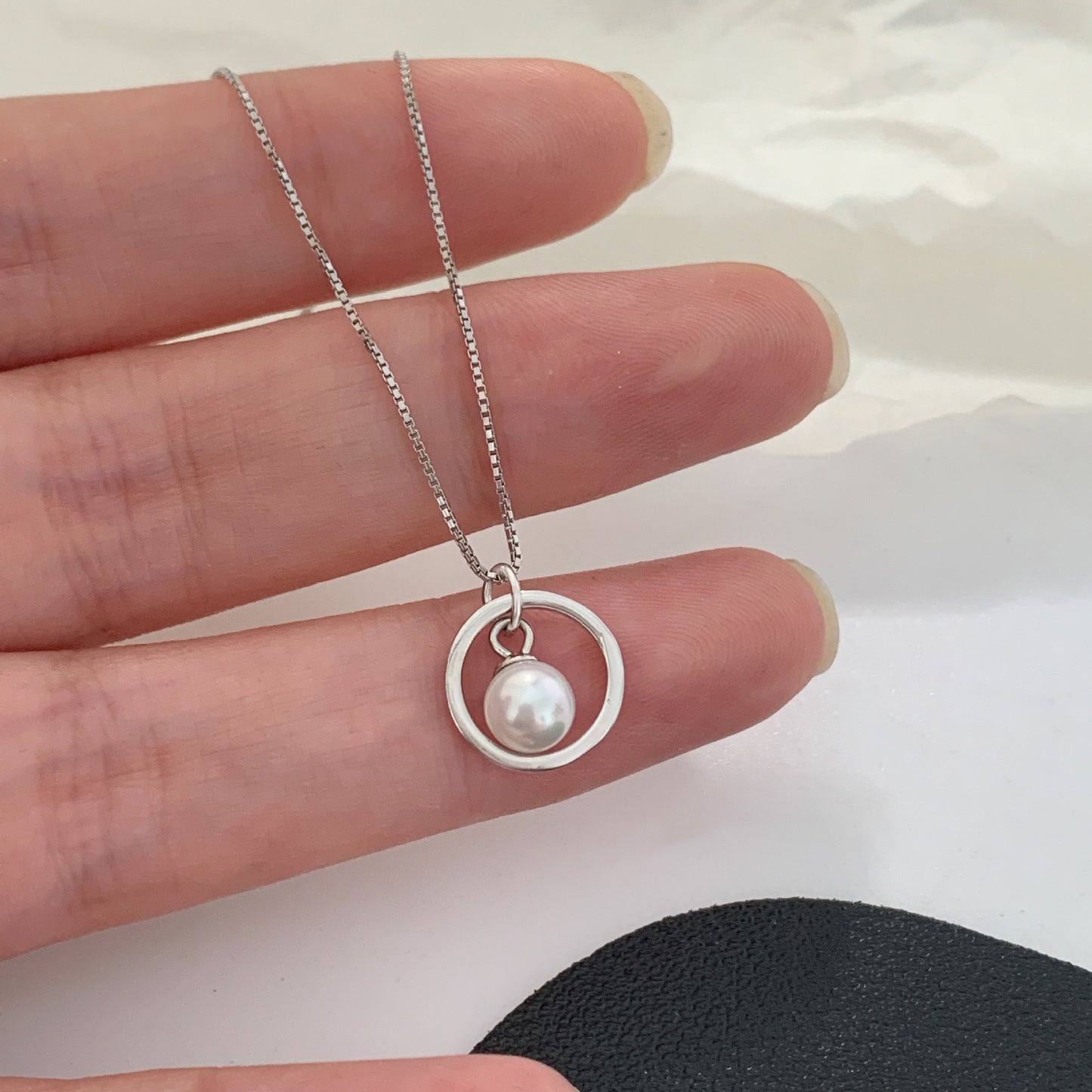 Elegant 925 Silver Pearl Hoop Necklace - Timeless minimalist round cultured freshwater pearl Pendant for Everyday Grace