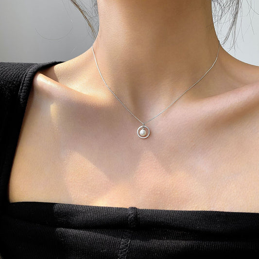 Elegant 925 Silver Pearl Hoop Necklace - Timeless minimalist round cultured freshwater pearl Pendant for Everyday Grace