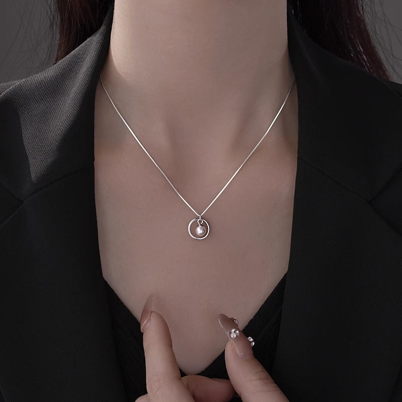 Elegant 925 Silver Pearl Hoop Necklace - Timeless minimalist round cultured freshwater pearl Pendant for Everyday Grace