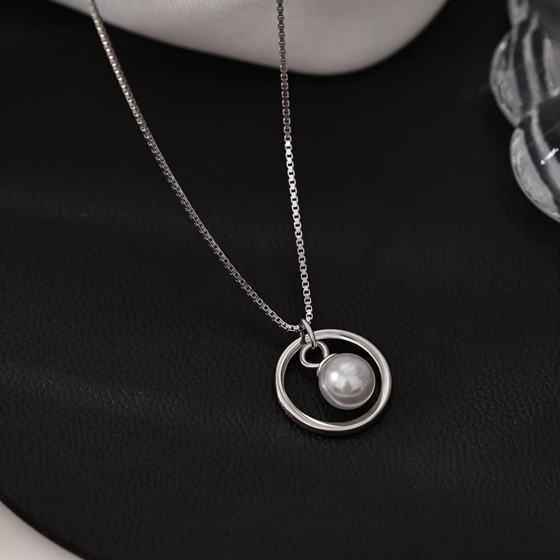 Elegant 925 Silver Pearl Hoop Necklace - Timeless minimalist round cultured freshwater pearl Pendant for Everyday Grace